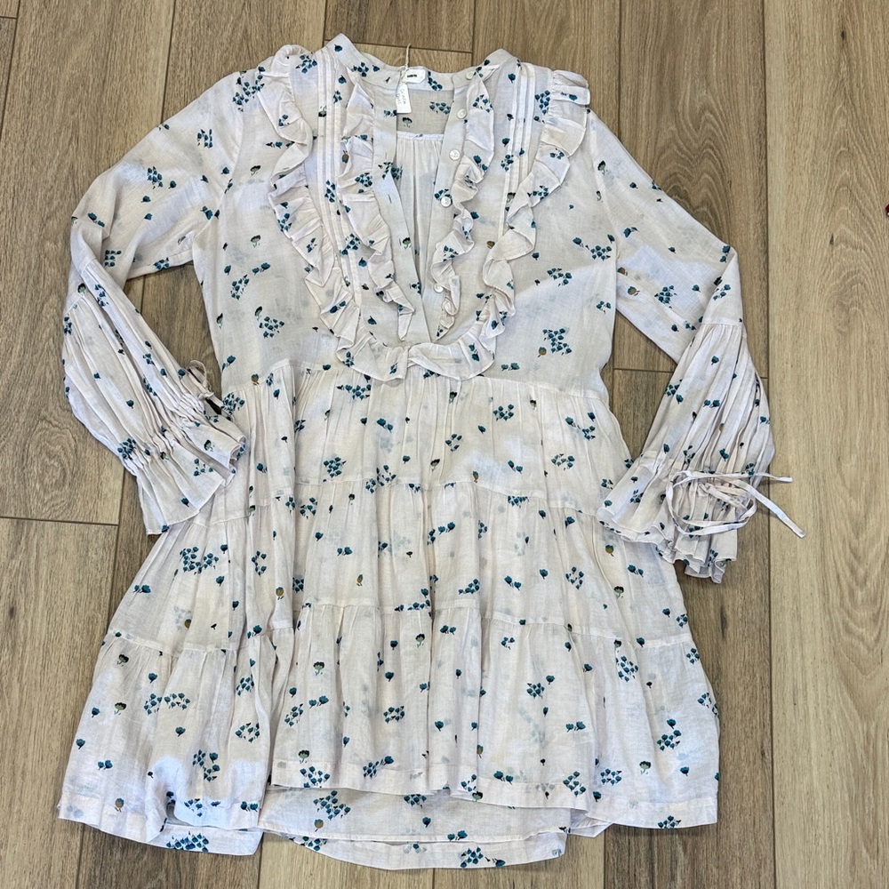 Warm Cream and Blue Floral Ruffle Dress